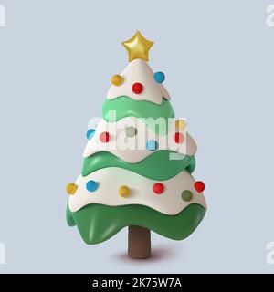 Abstract snow Christmas tree decorated with toys. Vector 3d illustration. Happy New Year and Merry Christmas. Stock Vector