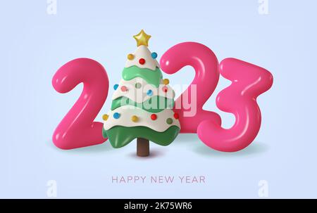 2023, banner with a Christmas tree and pink numbers.ic vector illustration. Merry Christmas and Happy New Year celebration Stock Vector