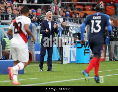 France manager Didier Deschamps during the France v Peru FIFA World Cup 2018 Group C match at the Ekaterinburg Arena Stock Photo