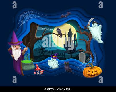 Halloween paper cut landscape. Cartoon wizard, ghosts and castle. Vector party poster with 3d layers frame, sorcerer with white beard hold magic wand near cauldron with green potion, pumpkin, raven Stock Vector