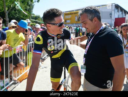 Sylvain Chavanel and Richard Virenque during the Tour de France 2018 - Stage 2 - Mouilleron-Saint-Germain to La Roche-sur-Yon on July 8, 2018. Stock Photo