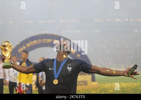 FIFA World Cup Russia 2018, Final Football Match France versus Croatia, France is the new World Champion. France won the World Cup for the second time 4-2 against Croatia. Pictured: Paul Pogba with the trophy looks at the sky © Pierre Teyssot / Maxppp Stock Photo