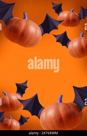 Flying spooky pumpkins on orange background for holiday design Happy Halloween Blank orange backdrop poster for scary Halloween night party Copy space Stock Photo