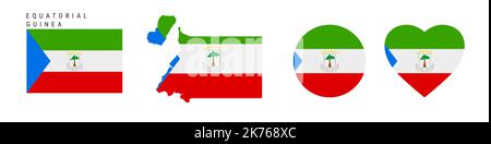 Equatorial Guinea flag icon set. Republic of Equatorial Guinea pennant in official colors and proportions. Rectangular, map-shaped, circle and heart-s Stock Vector