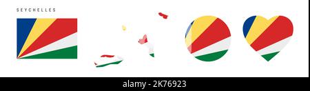 Seychelles flag icon set. Republic of Seychelles pennant in official colors and proportions. Rectangular, map-shaped, circle and heart-shaped. Flat ve Stock Vector