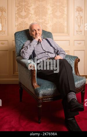 Portrait of Charles Aznavour, Auteur-Compositeur-Interprete Francais.  French singer and songwriter Charles Aznavour has died at 94 after a career lasting more than 80 years, a spokesman says. The French and Armenian performer sold over 180 million records. Stock Photo