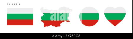 Bulgaria flag icon set. Bulgarian pennant in official colors and proportions. Rectangular, map-shaped, circle and heart-shaped. Flat vector illustrati Stock Vector