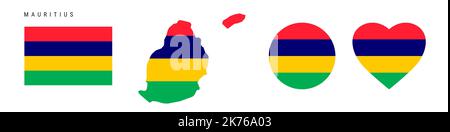 Mauritius flag icon set. Mauritian pennant in official colors and proportions. Rectangular, map-shaped, circle and heart-shaped. Flat vector illustrat Stock Vector