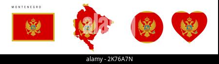 Montenegro flag icon set. Montenegrin pennant in official colors and proportions. Rectangular, map-shaped, circle and heart-shaped. Flat vector illust Stock Vector
