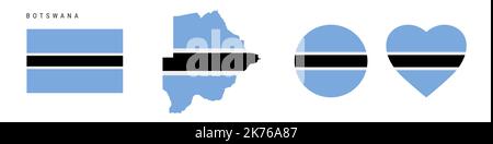 Botswana flag icon set. Republic of Botswana pennant in official colors and proportions. Rectangular, map-shaped, circle and heart-shaped. Flat vector Stock Vector