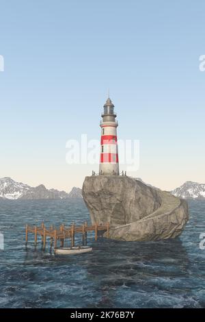 Old red and white lighthouse on a large rock in the sea with mountains in the distance. Portrait format 3D render. Stock Photo