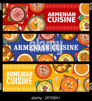 Armenian cuisine food banners. Lentil salad Mshosh with dried apricots, vermicelli rice Pilaf and stuffed chicken, lamb yogurt soup, garden vegetable salad and red bean, lamb Bozbash and Yajni soups Stock Vector