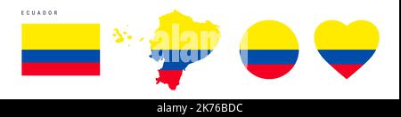 Ecuador flag icon set. Ecuadorian pennant in official colors and proportions. Rectangular, map-shaped, circle and heart-shaped. Flat vector illustrati Stock Vector