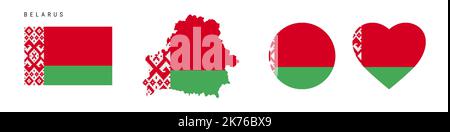 Belarus flag icon set. Belorussian pennant in official colors and proportions. Rectangular, map-shaped, circle and heart-shaped. Flat vector illustrat Stock Vector