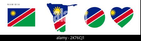 Namibia flag icon set. Namibian pennant in official colors and proportions. Rectangular, map-shaped, circle and heart-shaped. Flat vector illustration Stock Vector