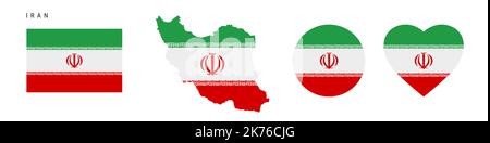 Iran flag icon set. Iranian pennant in official colors and proportions. Rectangular, map-shaped, circle and heart-shaped. Flat vector illustration iso Stock Vector