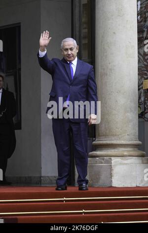 Prime minister Benyamin Netanyahou arrives for the lunch after the commemoration of the 100th anniversary of the end of WWI at Elysee Palace on November 11, 2018 in Paris, France.   Stock Photo
