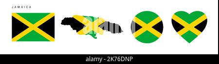 Jamaica flag icon set. Jamaican pennant in official colors and proportions. Rectangular, map-shaped, circle and heart-shaped. Flat vector illustration Stock Vector