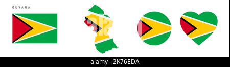 Guyana flag icon set. Guyanese pennant in official colors and proportions. Rectangular, map-shaped, circle and heart-shaped. Flat vector illustration Stock Vector