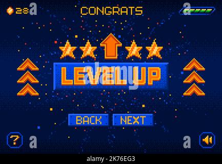 8bit game level up pixel screen. Retro arcade user interface mosaic backdrop or level design element, 16 bit platform console victory menu pixelated vector background. PC vintage game bonus display Stock Vector