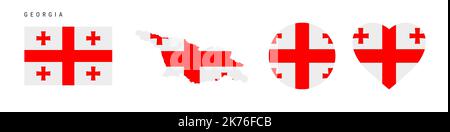 Georgia flag icon set. Georgian pennant in official colors and proportions. Rectangular, map-shaped, circle and heart-shaped. Flat vector illustration Stock Vector