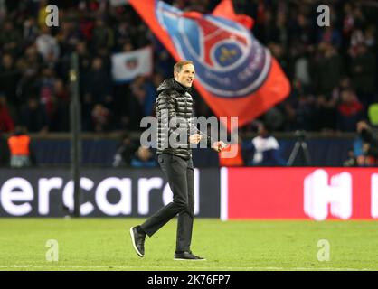 Parc des Princes. Mercredi 28 novembre 2018.  5e journée de Ligue des Champions.  PSG-Liverpool  Joie fin de  match Tuchel   CHAMPIONS LEAGUE : PSG - LIVERPOOL Stock Photo