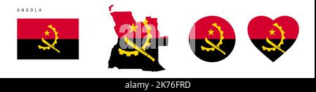 Angola flag icon set. Angolan pennant in official colors and proportions. Rectangular, map-shaped, circle and heart-shaped. Flat vector illustration i Stock Vector