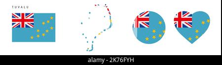 Tuvalu flag icon set. Ellice Islands pennant in official colors and proportions. Rectangular, map-shaped, circle and heart-shaped. Flat vector illustr Stock Vector