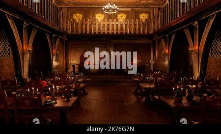 3D rendering of medieval great hall dining room with tables set for a royal feast. Stock Photo