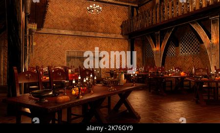 3D illustration of medieval great hall lit be candle light with tables set for a feast. Stock Photo