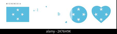 Micronesia flag icon set. Micronesian pennant in official colors and proportions. Rectangular, map-shaped, circle and heart-shaped. Flat vector illust Stock Vector