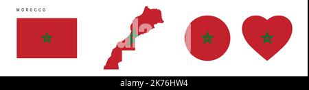 Morocco flag icon set. Moroccan pennant in official colors and proportions. Rectangular, map-shaped, circle and heart-shaped. Flat vector illustration Stock Vector