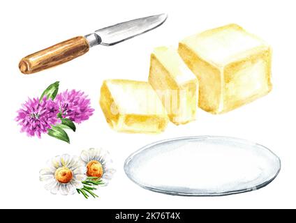 https://l450v.alamy.com/450v/2k76t4x/butter-set-hand-drawn-watercolor-illustration-isolated-on-white-background-2k76t4x.jpg