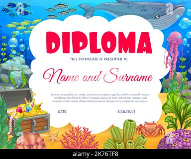 Cartoon kids diploma with underwater landscape and animals. Educational school gift certificate, vector award frame template with colorful sea or ocean bottom with treasure chest, corals and fishes Stock Vector