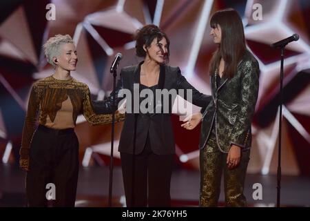 French singer Jeanne Added (L), French actress and singer Camelia Jordana (C) and French singer Clara Luciani (R) perform on stage  during the 34th Victoires de la Musique at La Seine Musicale on February 08, 2019 in Boulogne Billancourt, France Stock Photo