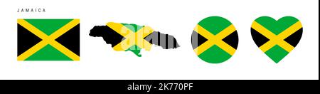Jamaica flag icon set. Jamaican pennant in official colors and proportions. Rectangular, map-shaped, circle and heart-shaped. Flat vector illustration Stock Vector