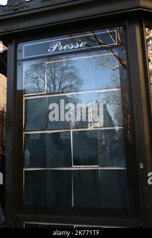 A press stand, 'kiosque' with no more magazine is seen outside the Lanvin Fashion Show Women Fall Winter 19-2020  as part of the Paris Fashion Week in Paris, France on February the 27 of 2019.  Pictured : Press stand  Stock Photo