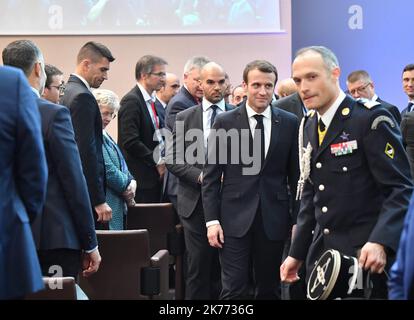 French President Emmanuel Macron attending the closing session of the Intelligence College in Europe meeting at The Foreign Affairs Ministry in Paris on March 5, 2019.  Stock Photo