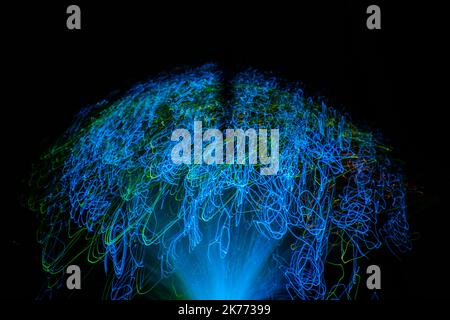 Artificial intelligence digital brain. Shaped with blue neural connection glowing lines. Stock Photo