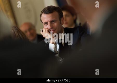 Grand debat national : echange avec des intellectuels Emmanuel Macronn  French President Emmanuel Macron attends the great debate with the intellectuals at Elysee Palace. FRANCE-18/03/2019 Stock Photo