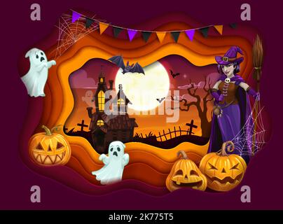 Halloween paper cut cartoon witch, pumpkins, ghosts and landscape. Vector party poster with hag in purple dress holding broom, jack lanterns, spooky ghost at haunted creepy castle on cemetery at night Stock Vector