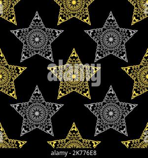 Gold and silver star seamless pattern with hand drawn chain. Perfect for wallpapers, web page backgrounds, surface textures, textile. Stock Vector
