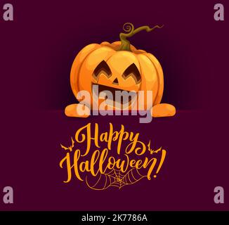 Halloween cartoon pumpkin character. Vector poster or greeting card with funny jack lantern personage peep out of burgundy colored banner with Happy Halloween text, bats and spider web Stock Vector