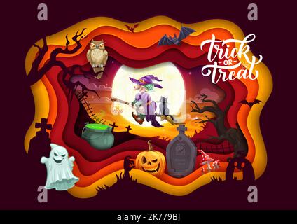 Halloween paper cut flying cartoon witch and holiday landscape. Vector poster with funny hag and black cat characters fly over old cemetery graveyard, trees and pumpkins under moon inside of 3d frame Stock Vector