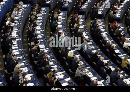 All the deputies during the votes at the penultimate plenary session in the hemicycle of the European Parliament in Strasbourg, before the European elections of 2019, in France, which will take place on 25 and 26 May to elect the deputies representatives of France in the European Parliament.European parliament in Strasbourg, France. Stock Photo