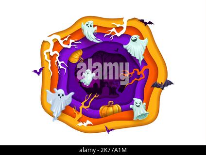 Halloween paper cut flying cartoon funny ghosts on cemetery. 3d vector art with spooks, pumpkins, bats and tree branches, old night graveyard inside of layered wavy papercut frame on white background Stock Vector