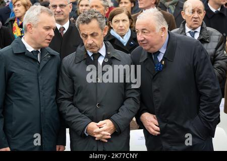 French Ecological and Social Transition Minister Francois de Rugy, Former French President Nicolas Sarkozy and President of the Senate Gerard Larcher. French President Emmanuel Macron attends a ceremony marking the 74th anniversary of World War II victory in Europe at the Arc de Triomphe. Paris, FRANCE-08/05/2019    POOL/Jacques Witt/MAXPPP Stock Photo