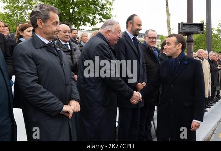 Former French President Nicolas Sarkozy,  President of the Senate Gerard Larcher, French Prime Minister Edouard Philippe and Emmanuel Macron. French President Emmanuel Macron attends a ceremony marking the 74th anniversary of World War II victory in Europe at the Arc de Triomphe. Paris, FRANCE-08/05/2019    POOL/Jacques Witt/MAXPPP Stock Photo
