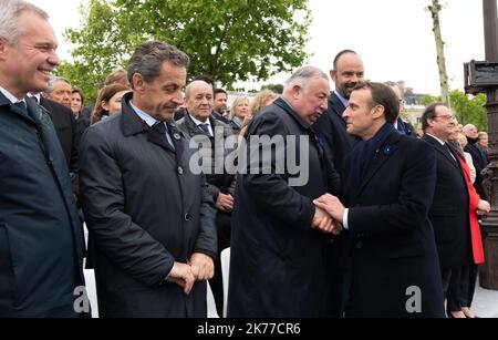 French Ecological and Social Transition Minister Francois de Rugy, Former French President Nicolas Sarkozy, President of the Senate Gerard Larcher , French Prime Minister Edouard Philippe and Emmanuel Macron. French President Emmanuel Macron attends a ceremony marking the 74th anniversary of World War II victory in Europe at the Arc de Triomphe. Paris, FRANCE-08/05/2019    POOL/Jacques Witt/MAXPPP Stock Photo
