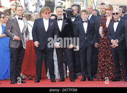 (From L) British record producer Giles Martin, Canadian filmmaker David Furnish, British songwriter Bernie Taupin, British singer-songwriter Elton John, British actor Taron Egerton and British director Dexter Fletcher pose as they arrive for the screening of the film 'Rocketman' at the 72nd edition of the Cannes Film Festival in Cannes, southern France, on May 16, 2019. - ©P LAPOIRIE - CANNES 16/05/2019   Stock Photo